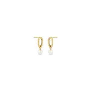 14k Single XXL Square Oval Link & Pearl Drop Earrings
