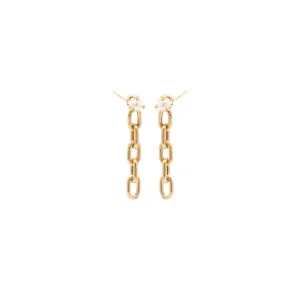 14k tiny pearl large square oval link short drop earrings