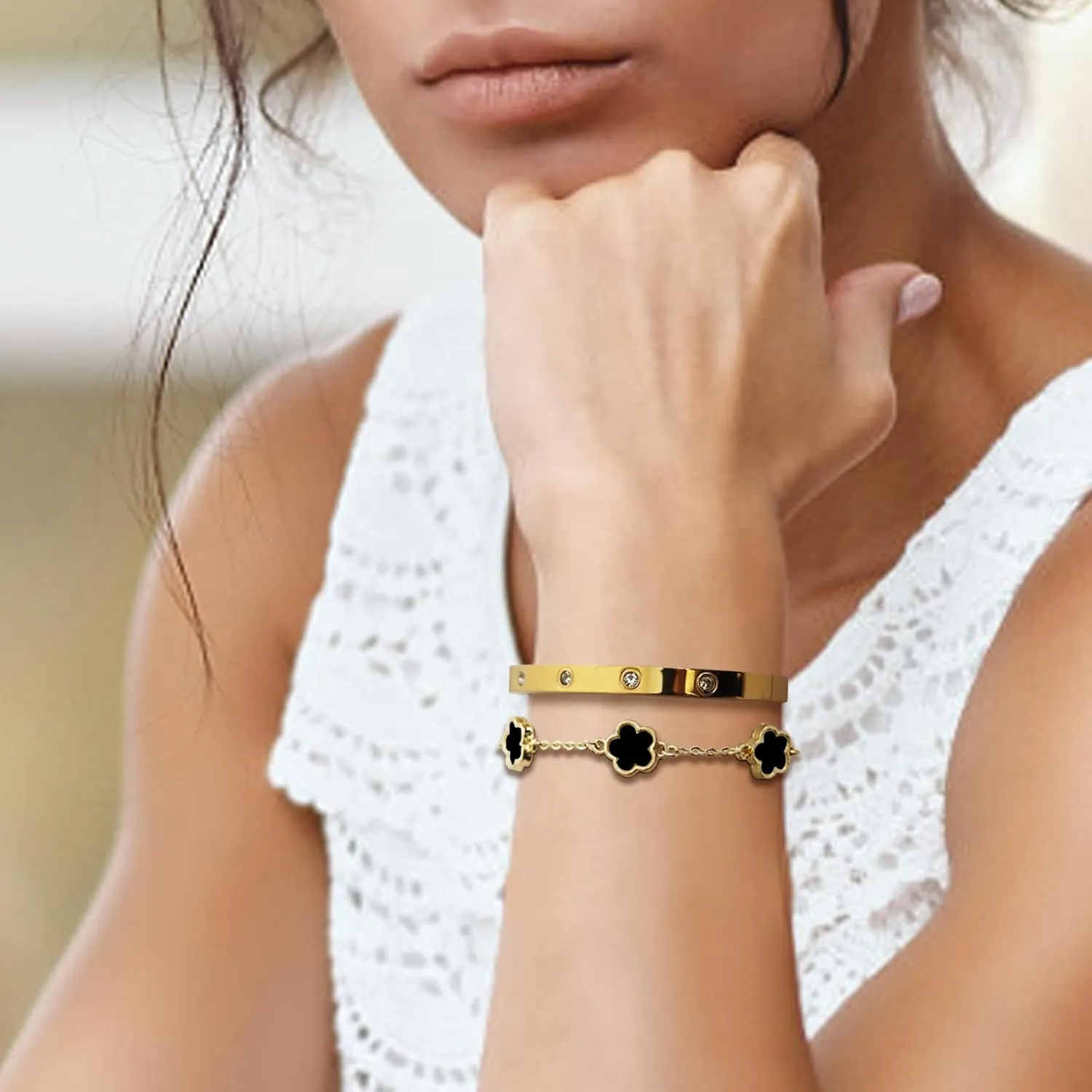 18K Gold Plated Lucky Clover Bracelet and Friendship Love Bangle Bracelets Set for Women Girlfriend Gold Cubic Zirconia Bracelet Set, Christmas Valentines Wedding Birthday Gifts
