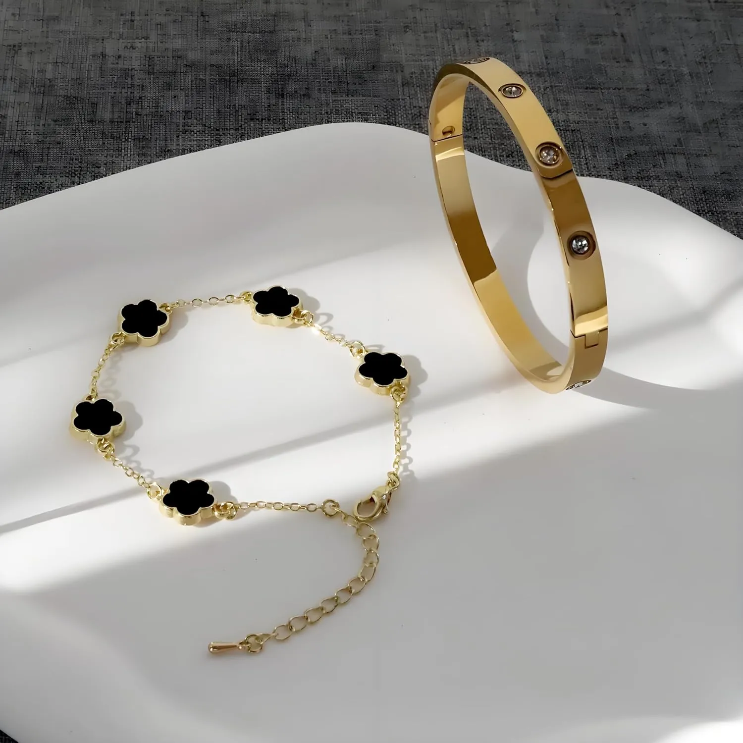 18K Gold Plated Lucky Clover Bracelet and Friendship Love Bangle Bracelets Set for Women Girlfriend Gold Cubic Zirconia Bracelet Set, Christmas Valentines Wedding Birthday Gifts