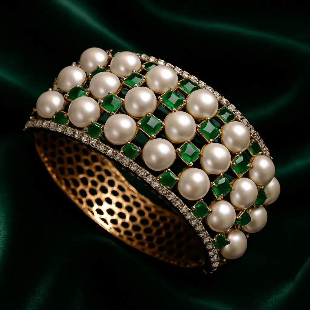 American Diamond & Semi-Precious Green Color Stone With Pearl Openable Bracelet (D162)