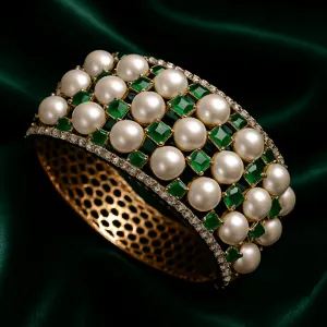 American Diamond & Semi-Precious Green Color Stone With Pearl Openable Bracelet (D162)