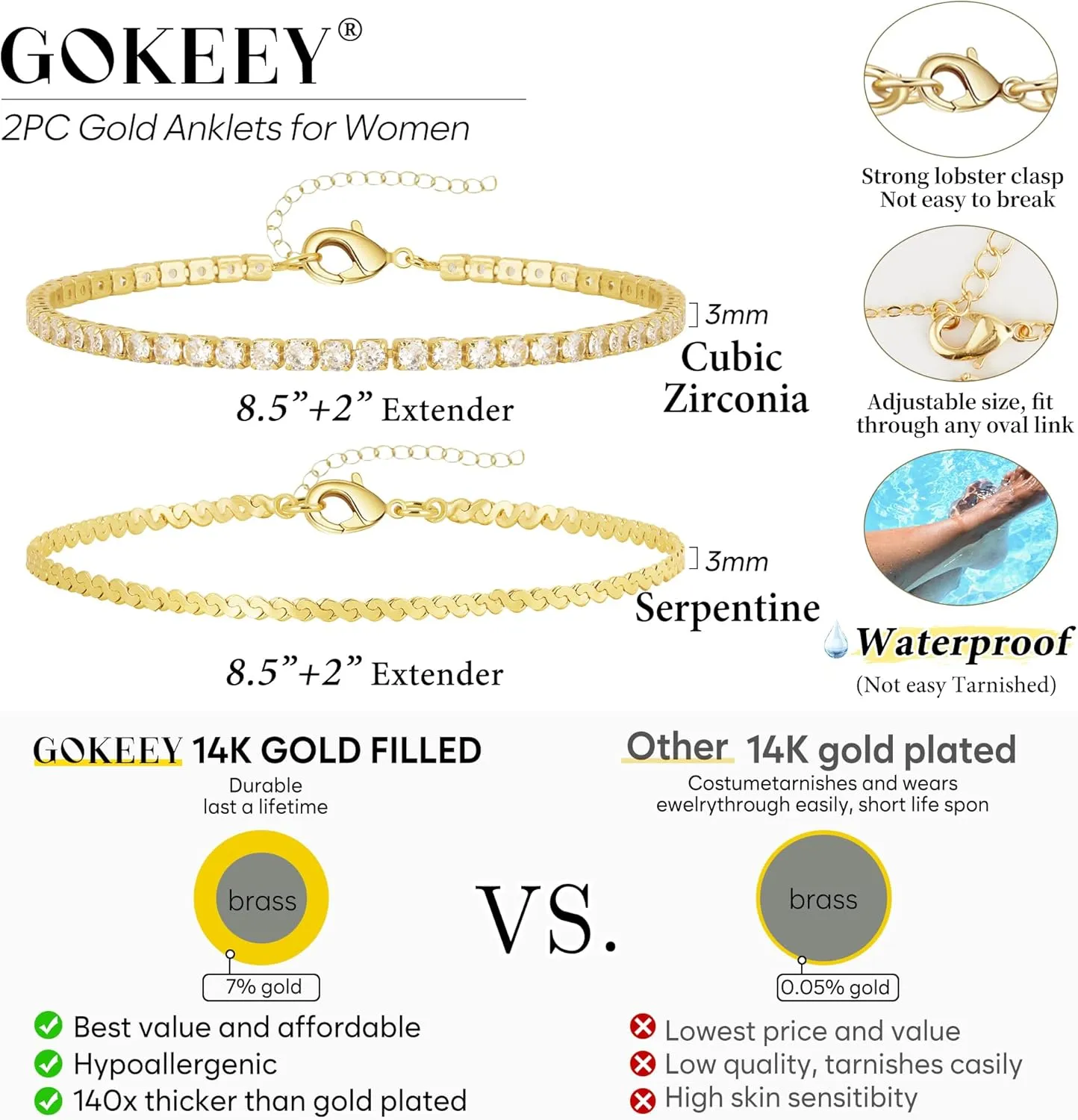 Anklet for Women, 14K Gold Plated Waterproof Ankle Bracelets Stackable Layer Anklets Dainty Jewelry Gift for Women
