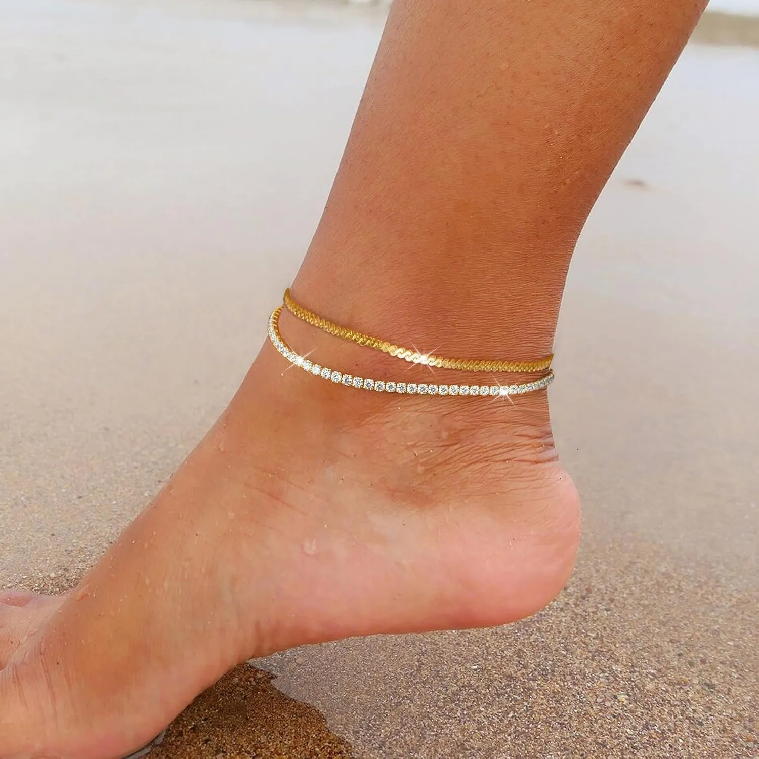 Anklet for Women, 14K Gold Plated Waterproof Ankle Bracelets Stackable Layer Anklets Dainty Jewelry Gift for Women