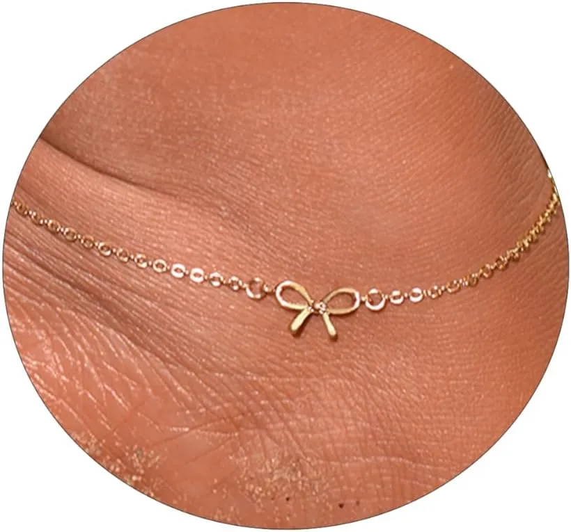 Anklets for Women 14K Gold Plated Anklets Waterproof Ankle Bracelets for Women Silver Ankle Bracelet Layered Cross Satellite Bowknot Flower Pearl Beach Anklets Cute Jewelry Gift