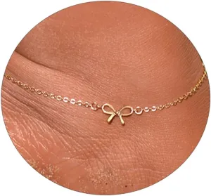 Anklets for Women 14K Gold Plated Anklets Waterproof Ankle Bracelets for Women Silver Ankle Bracelet Layered Cross Satellite Bowknot Flower Pearl Beach Anklets Cute Jewelry Gift