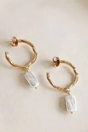 Beaten Metal Pearl Drop Hoops - Gold/Cream