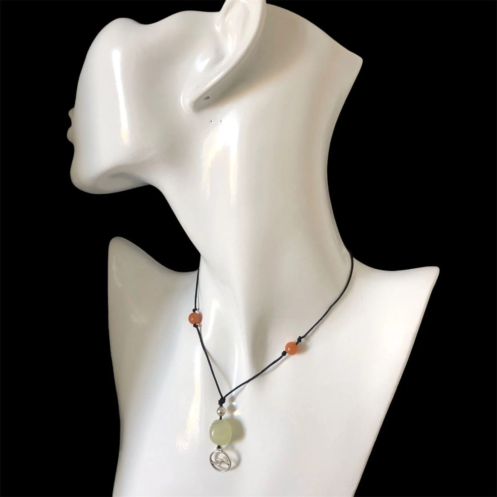 Black Thread Choker Necklace with Jade and Carnelian