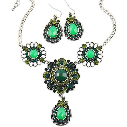 Fashion Women Ethnic Shiny Crystal Green Flower Pendent Necklace & Earring Statement Jewelry Sets
