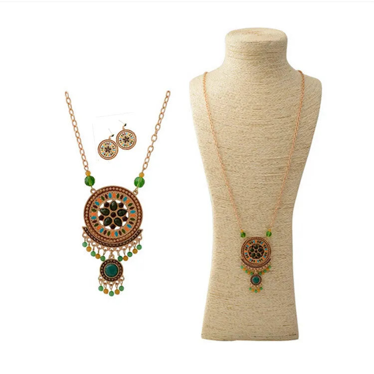 Fashion Women Ethnic Shiny Crystal Green Flower Pendent Necklace & Earring Statement Jewelry Sets