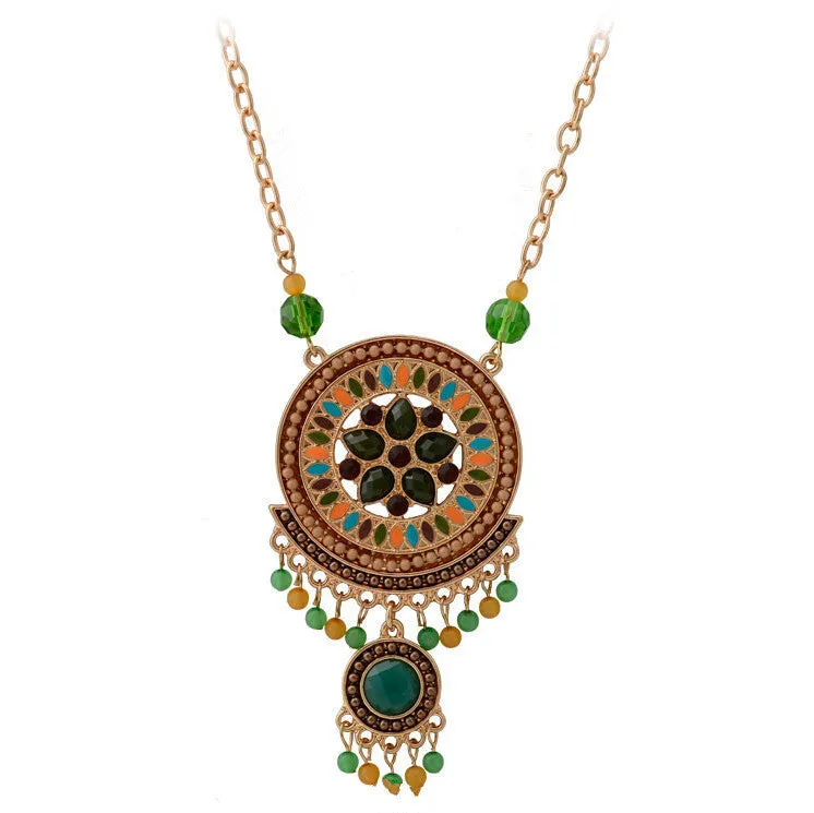 Fashion Women Ethnic Shiny Crystal Green Flower Pendent Necklace & Earring Statement Jewelry Sets