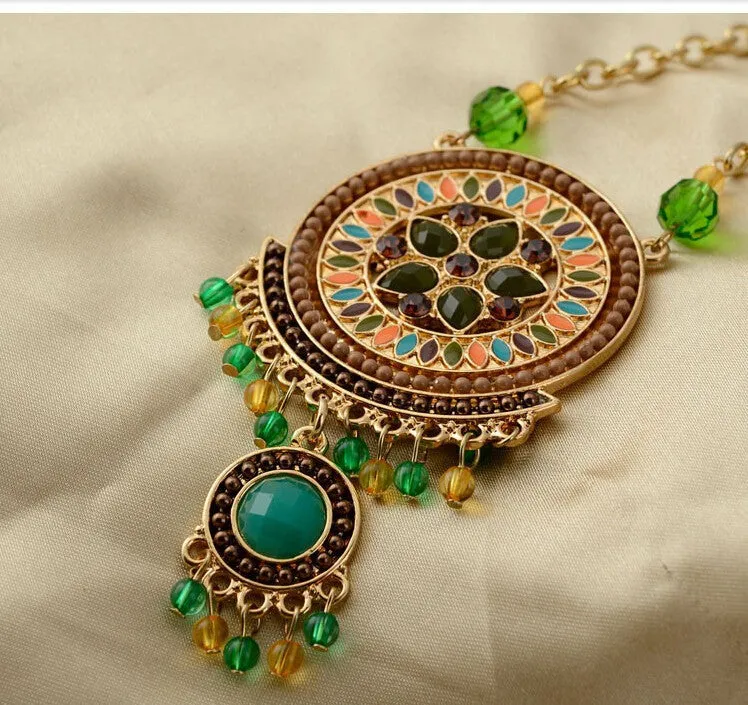 Fashion Women Ethnic Shiny Crystal Green Flower Pendent Necklace & Earring Statement Jewelry Sets