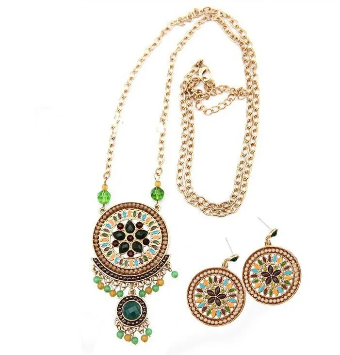 Fashion Women Ethnic Shiny Crystal Green Flower Pendent Necklace & Earring Statement Jewelry Sets