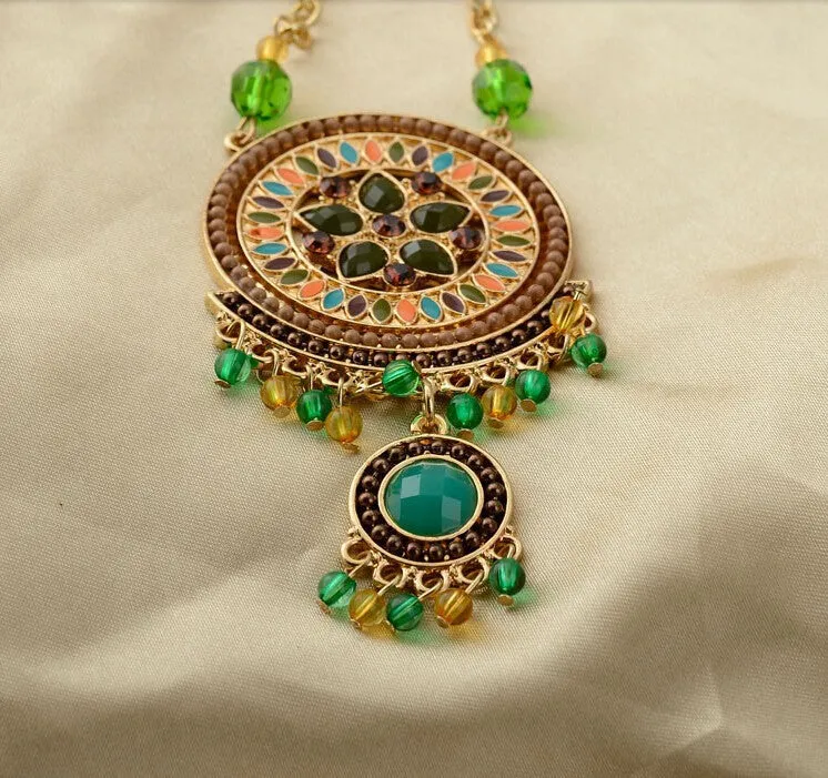 Fashion Women Ethnic Shiny Crystal Green Flower Pendent Necklace & Earring Statement Jewelry Sets