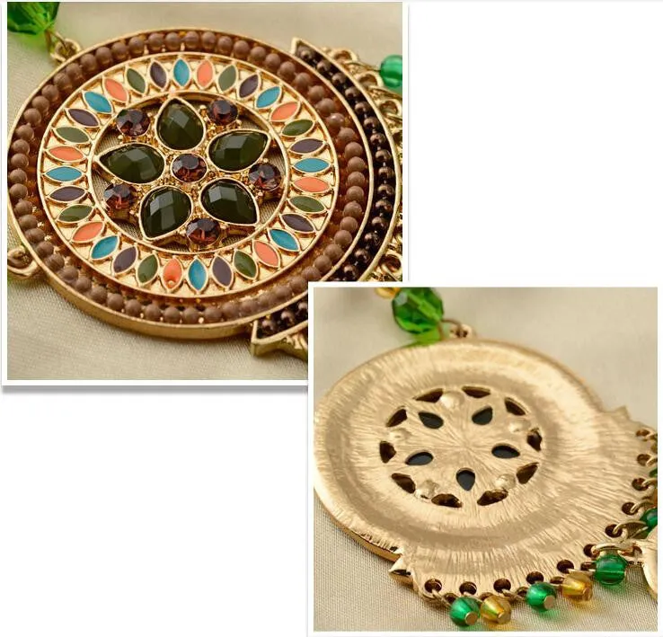 Fashion Women Ethnic Shiny Crystal Green Flower Pendent Necklace & Earring Statement Jewelry Sets