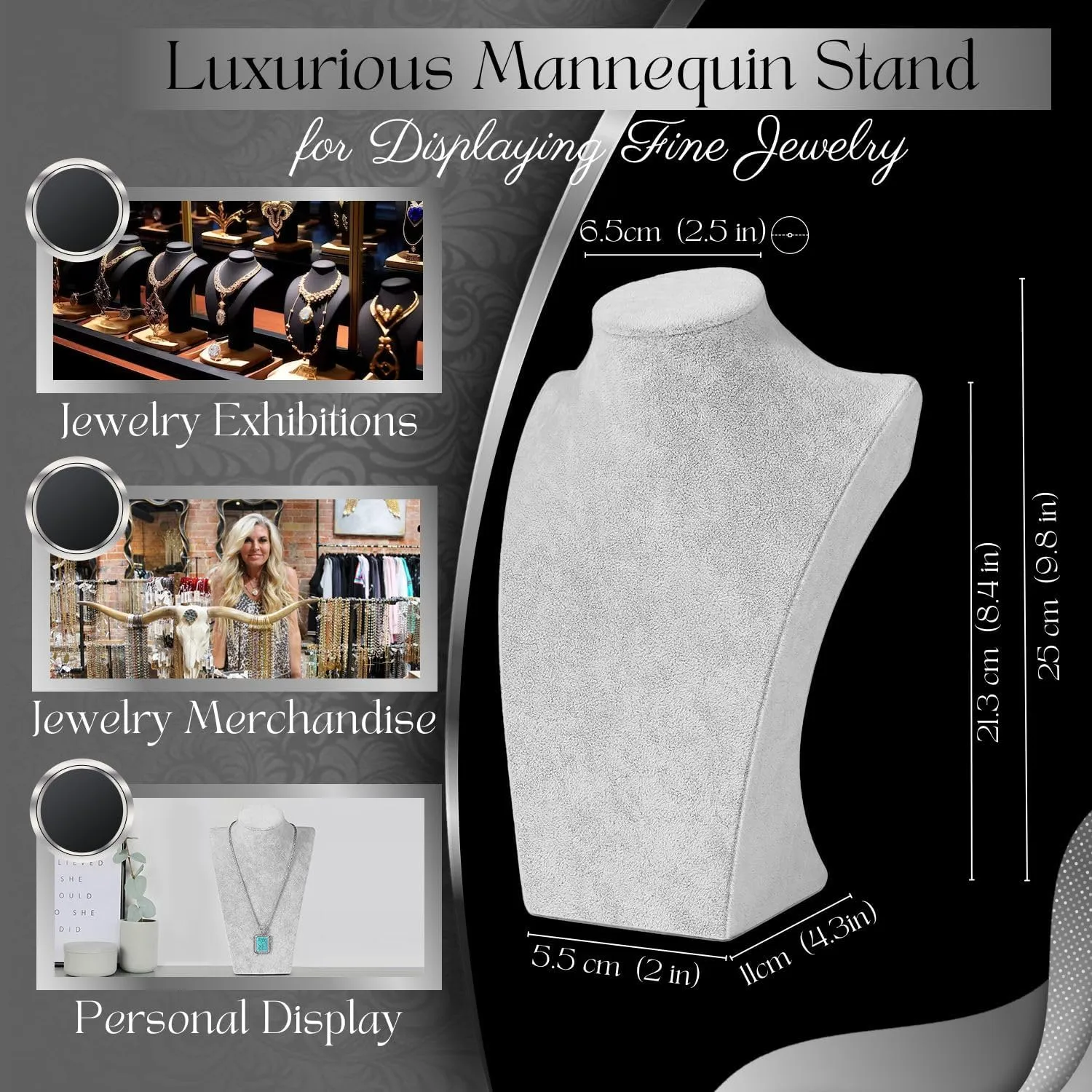Flexzion Necklace Bust Display Stand (1 Pack) - 10 Inch 3D Mannequin Gray Velvet Necklace Display Holder for Home, Boutique & Trade Shows - Jewelry Display for Selling Necklace, Pendants, Chokers