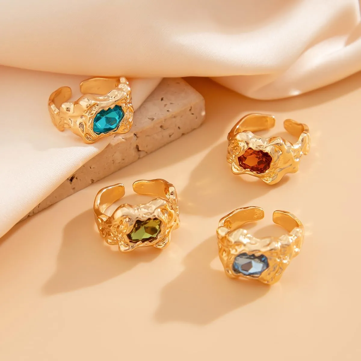 Gemstone Gold Rings for Women Non Tarnish Chunky Silver Stackable Rings for Women Adjustable Trendy Dainty Thick Chunky Jewelry