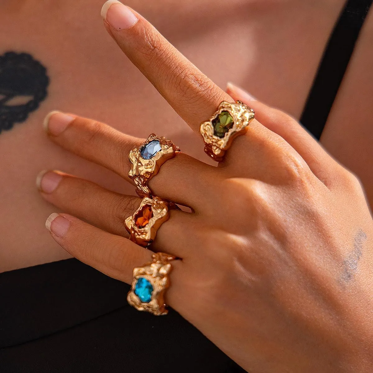 Gemstone Gold Rings for Women Non Tarnish Chunky Silver Stackable Rings for Women Adjustable Trendy Dainty Thick Chunky Jewelry