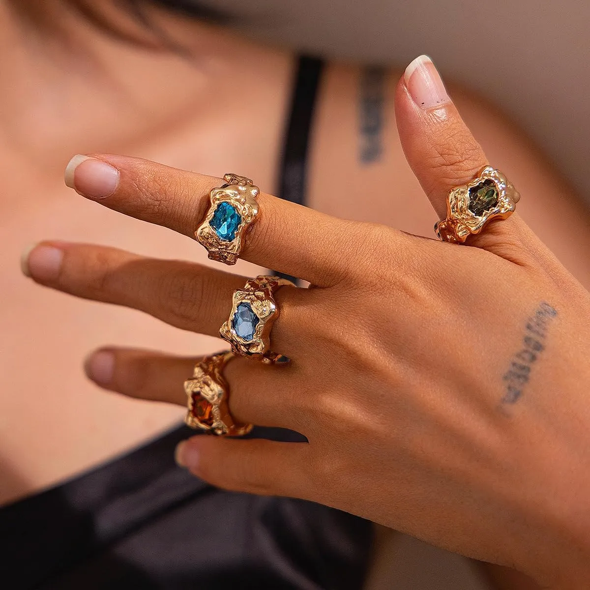 Gemstone Gold Rings for Women Non Tarnish Chunky Silver Stackable Rings for Women Adjustable Trendy Dainty Thick Chunky Jewelry