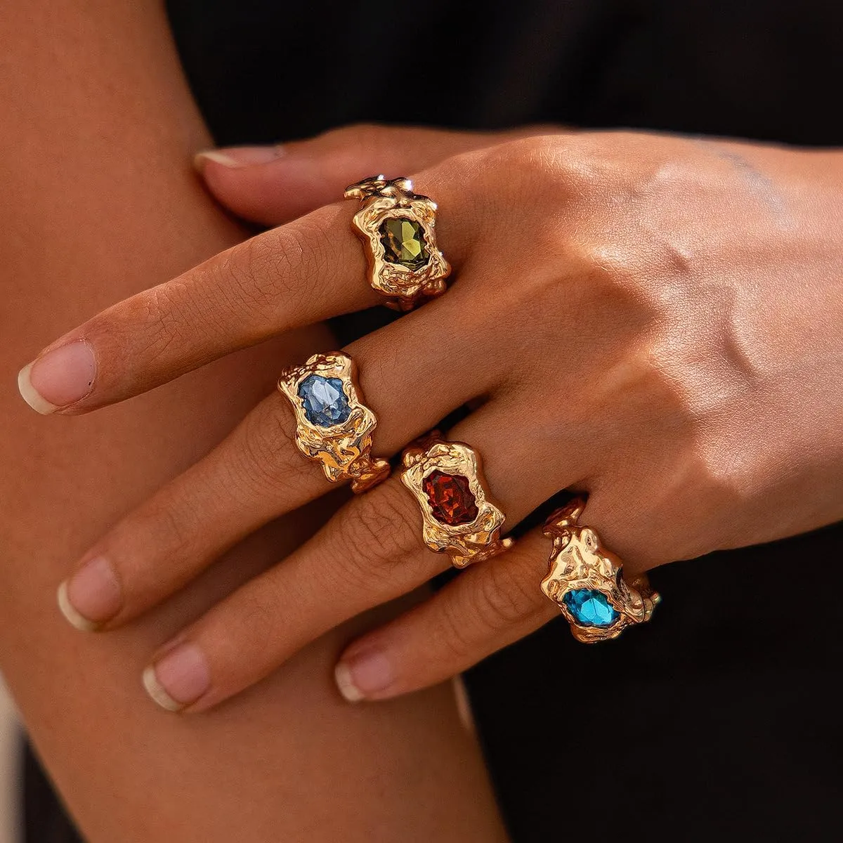 Gemstone Gold Rings for Women Non Tarnish Chunky Silver Stackable Rings for Women Adjustable Trendy Dainty Thick Chunky Jewelry