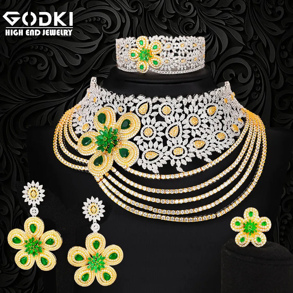 GODKI Super Big Luxury 4PCS Flowers africa Cubic Zirconia Chokers Set Jewelry Sets For Women Wedding Dubai Bridal Set 2022