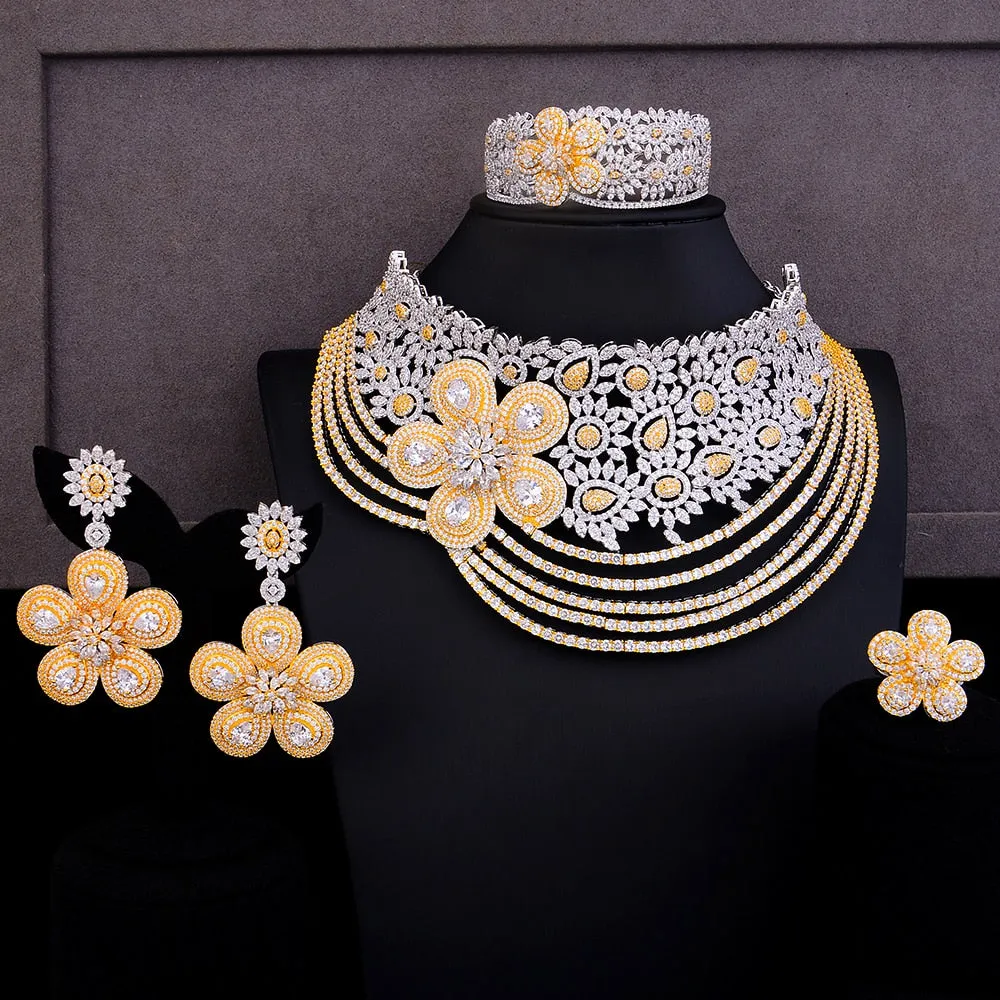 GODKI Super Big Luxury 4PCS Flowers africa Cubic Zirconia Chokers Set Jewelry Sets For Women Wedding Dubai Bridal Set 2022