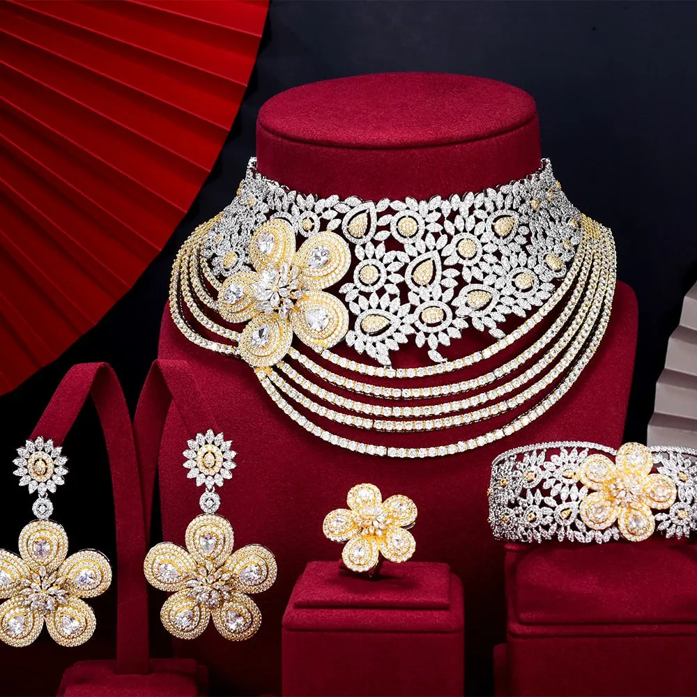 GODKI Super Big Luxury 4PCS Flowers africa Cubic Zirconia Chokers Set Jewelry Sets For Women Wedding Dubai Bridal Set 2022