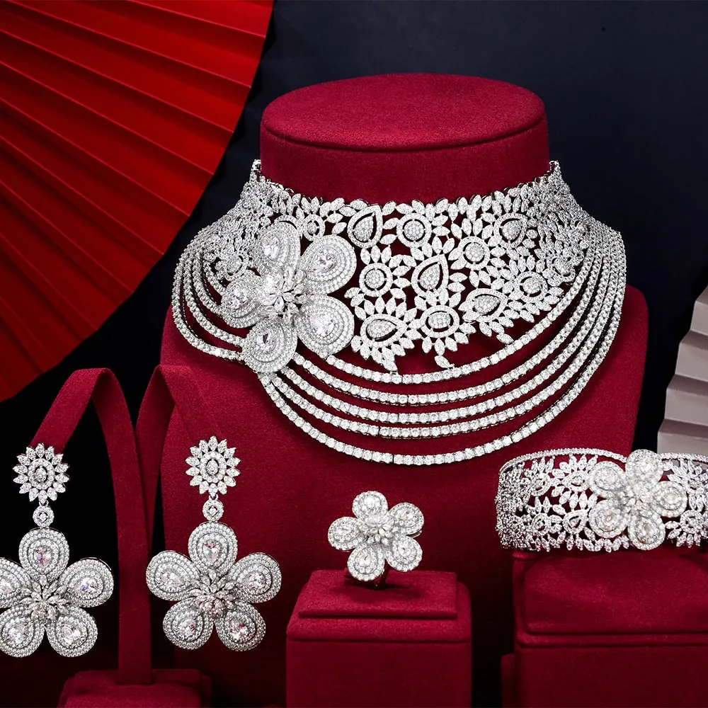 GODKI Super Big Luxury 4PCS Flowers africa Cubic Zirconia Chokers Set Jewelry Sets For Women Wedding Dubai Bridal Set 2022
