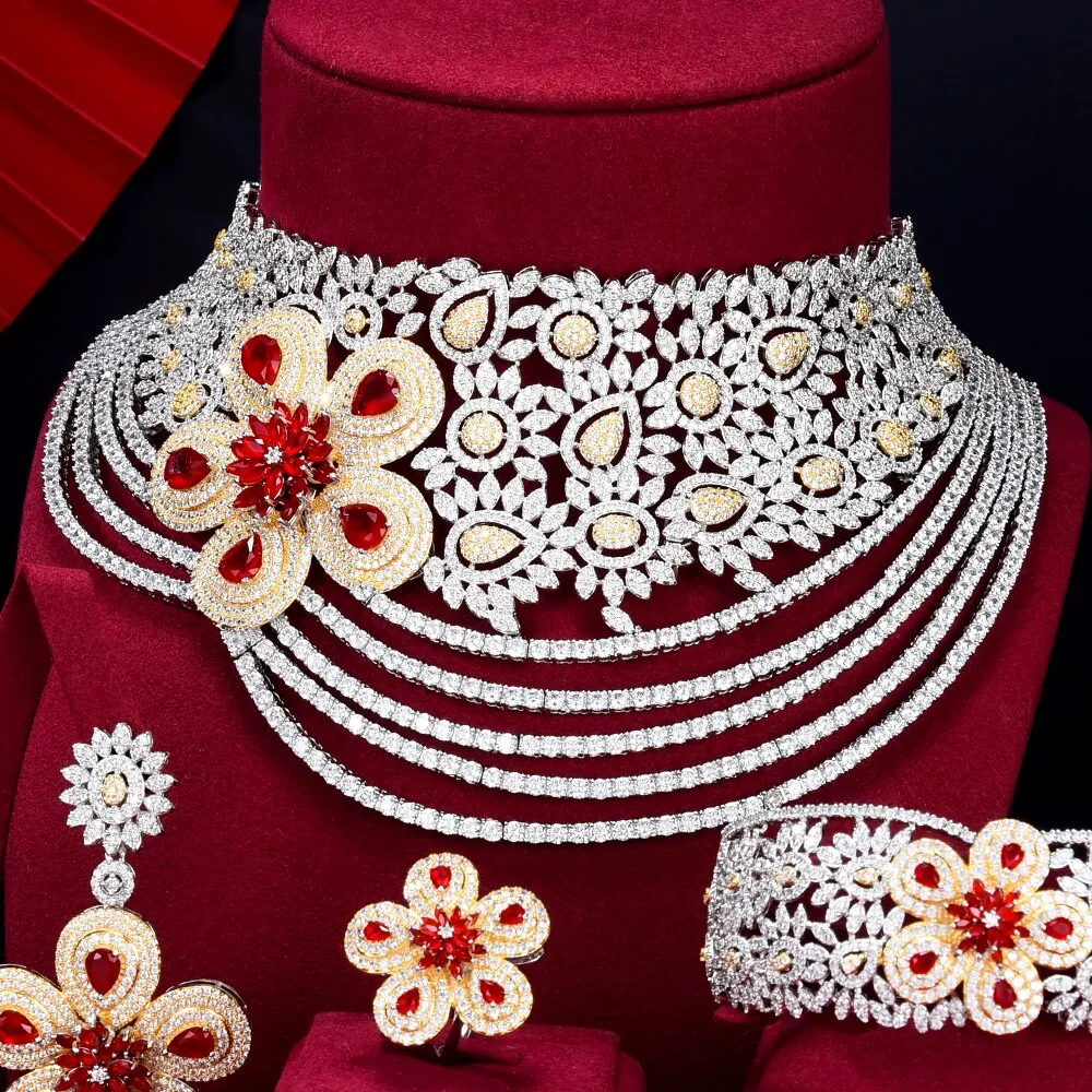 GODKI Super Big Luxury 4PCS Flowers africa Cubic Zirconia Chokers Set Jewelry Sets For Women Wedding Dubai Bridal Set 2022