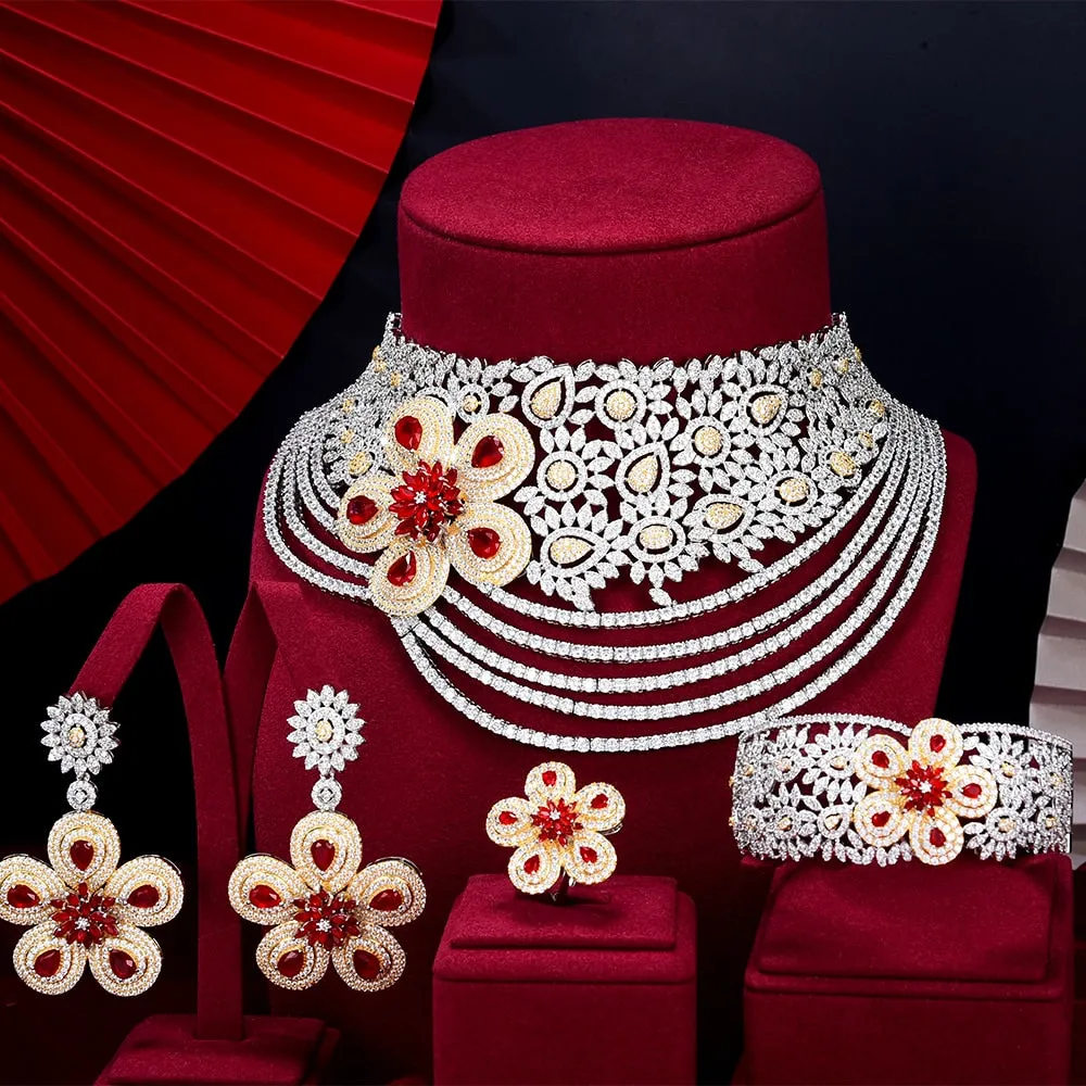 GODKI Super Big Luxury 4PCS Flowers africa Cubic Zirconia Chokers Set Jewelry Sets For Women Wedding Dubai Bridal Set 2022