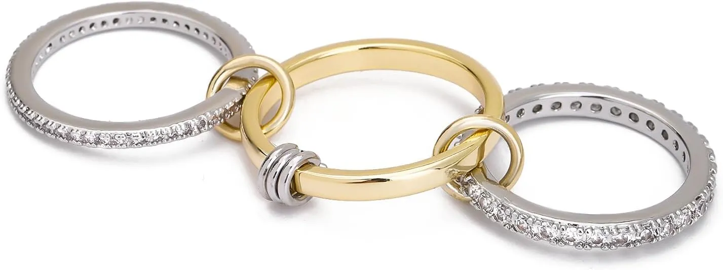 Gold Silver Rings for Women Non Tarnish, 18K Gold Plated Statement Stackable Rings Set, Sterling Silver Cubic Zirconia Multi Ring Interlocking Band Promise Rings for Women