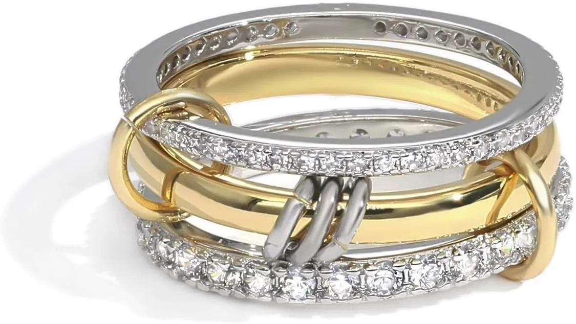 Gold Silver Rings for Women Non Tarnish, 18K Gold Plated Statement Stackable Rings Set, Sterling Silver Cubic Zirconia Multi Ring Interlocking Band Promise Rings for Women