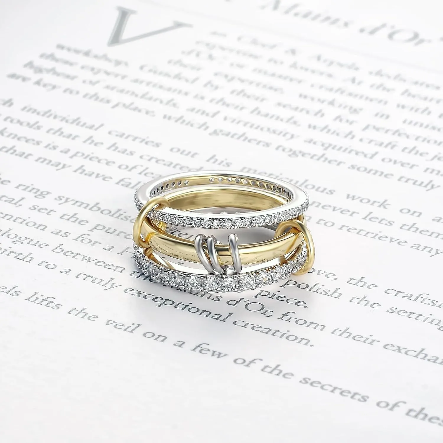 Gold Silver Rings for Women Non Tarnish, 18K Gold Plated Statement Stackable Rings Set, Sterling Silver Cubic Zirconia Multi Ring Interlocking Band Promise Rings for Women