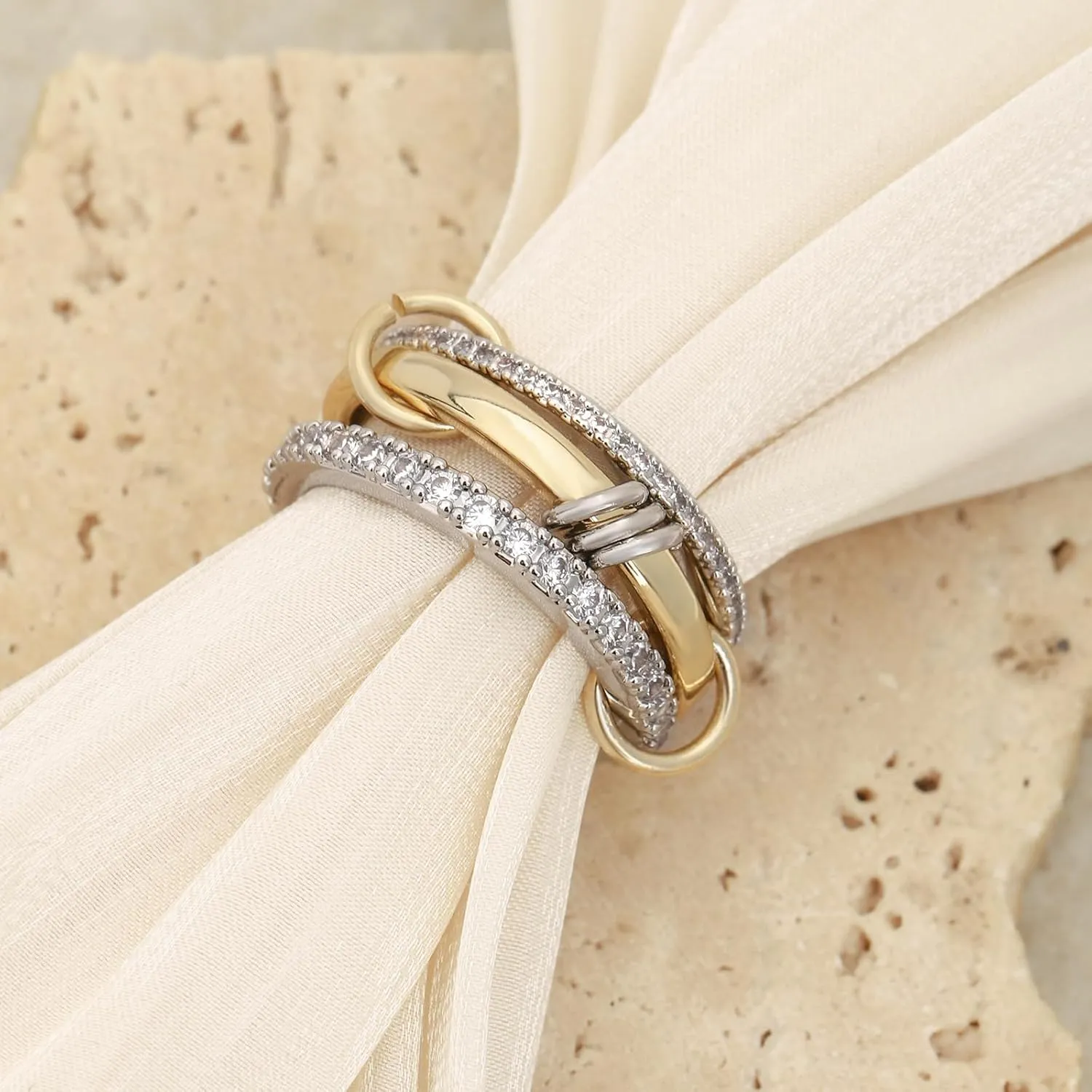 Gold Silver Rings for Women Non Tarnish, 18K Gold Plated Statement Stackable Rings Set, Sterling Silver Cubic Zirconia Multi Ring Interlocking Band Promise Rings for Women