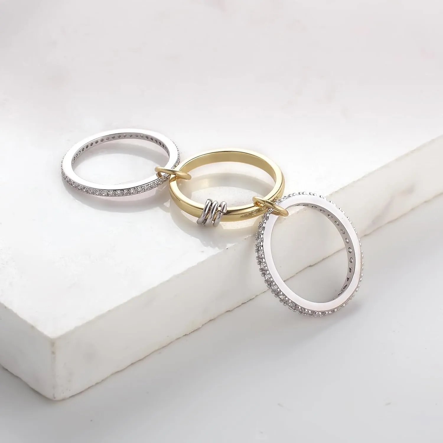 Gold Silver Rings for Women Non Tarnish, 18K Gold Plated Statement Stackable Rings Set, Sterling Silver Cubic Zirconia Multi Ring Interlocking Band Promise Rings for Women
