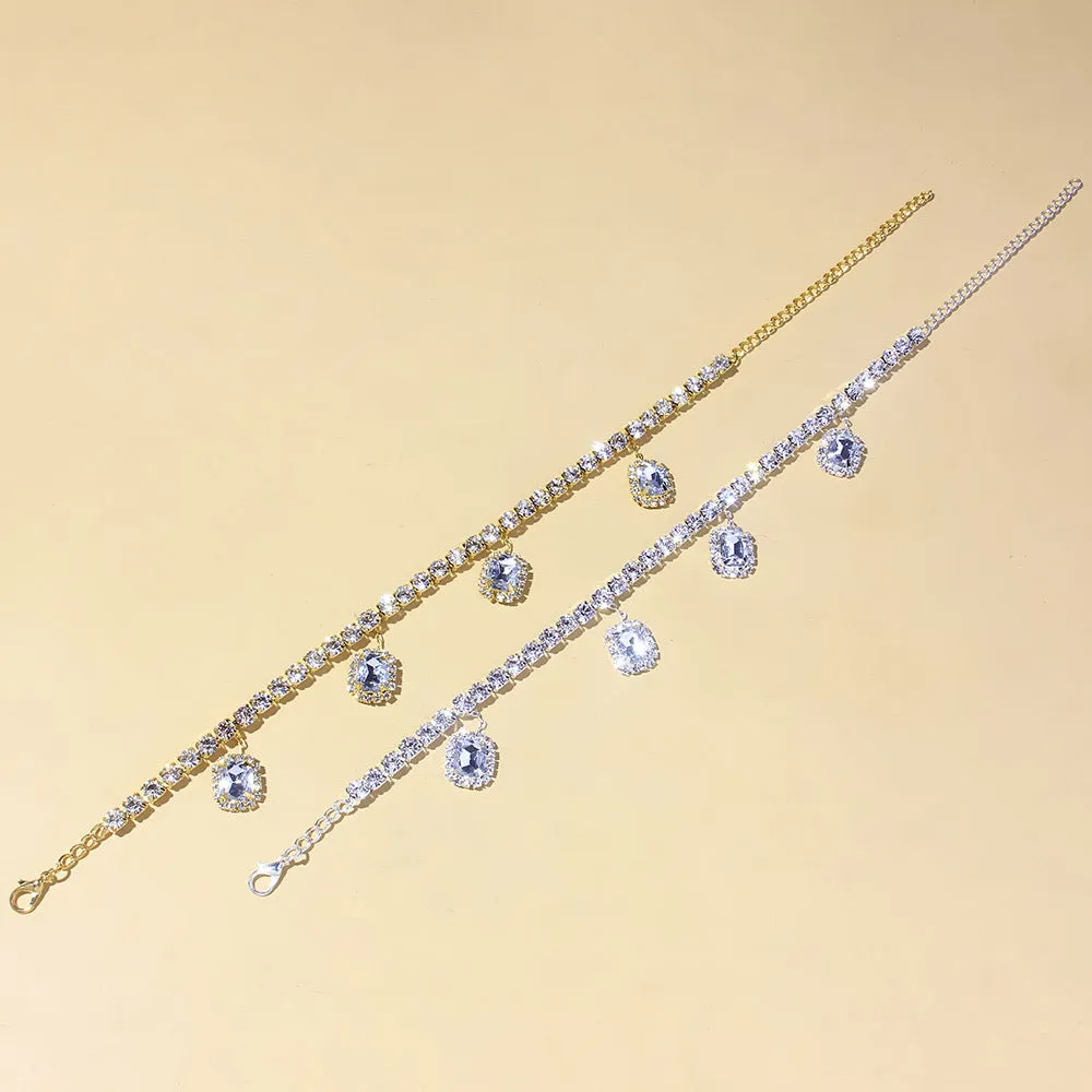 Hot New Square Rhinestone Anklet Fashion Single Row Beach Pendant Anklet European And American Cross-Border Jewelry Anklet