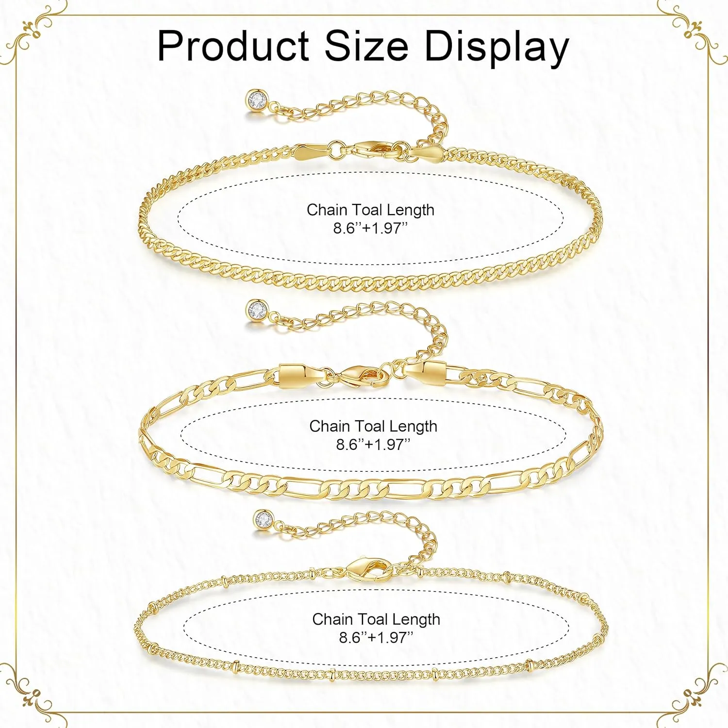 MAIBAOTA Gold Anklets for Women 14K Gold Plated Ankle Bracelets 3 Pcs Adjustable Layered Summer Beach Waterproof Anklets 8.6" 1.97" Foot Jewelry Gifts for Women