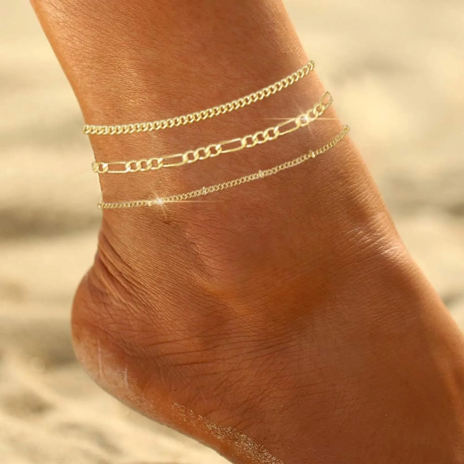 MAIBAOTA Gold Anklets for Women 14K Gold Plated Ankle Bracelets 3 Pcs Adjustable Layered Summer Beach Waterproof Anklets 8.6" 1.97" Foot Jewelry Gifts for Women