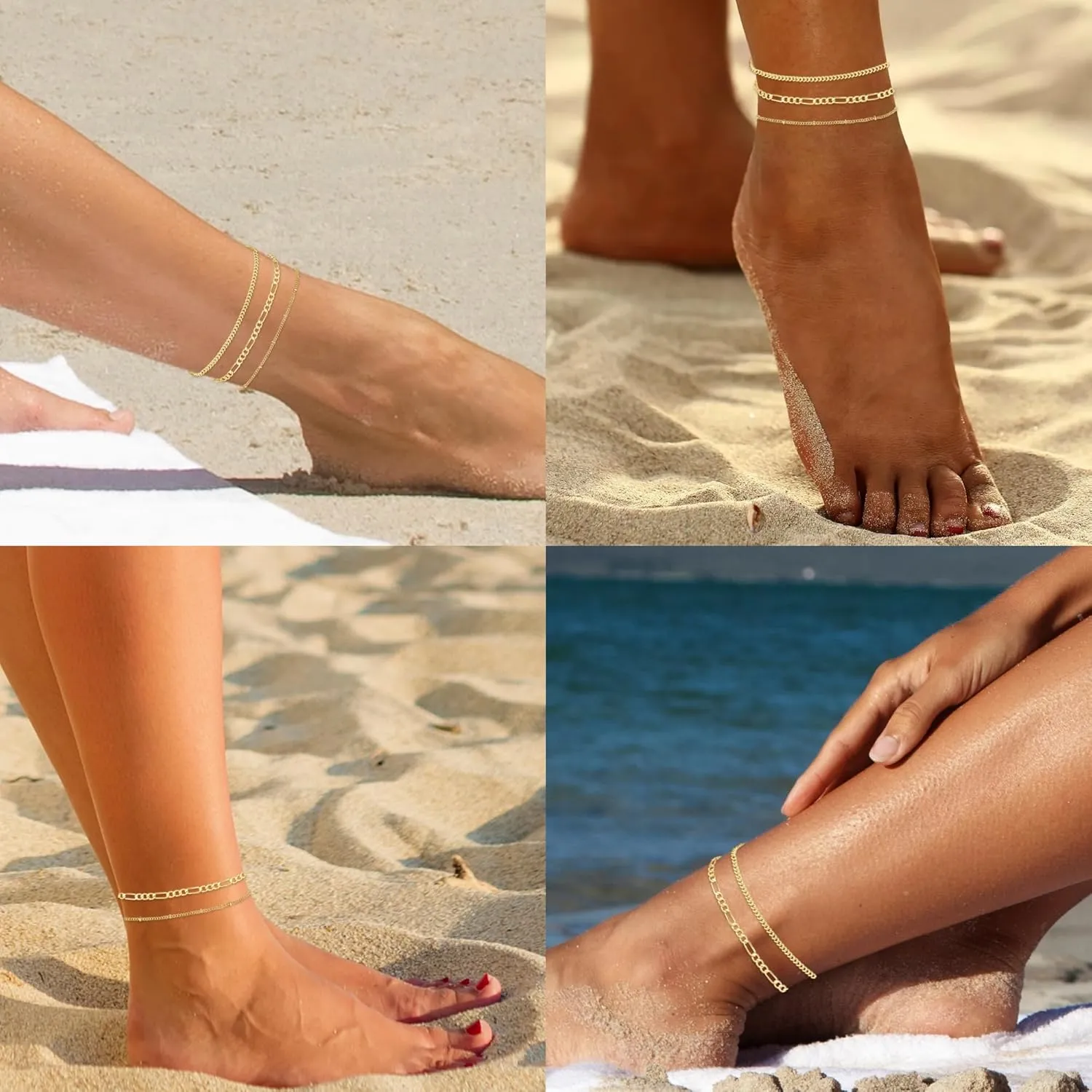 MAIBAOTA Gold Anklets for Women 14K Gold Plated Ankle Bracelets 3 Pcs Adjustable Layered Summer Beach Waterproof Anklets 8.6" 1.97" Foot Jewelry Gifts for Women