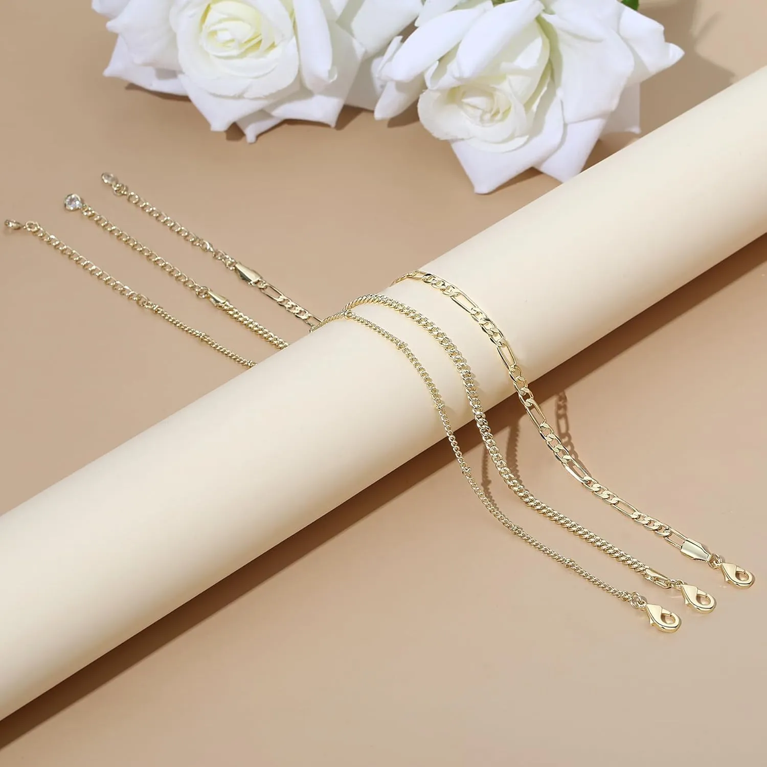 MAIBAOTA Gold Anklets for Women 14K Gold Plated Ankle Bracelets 3 Pcs Adjustable Layered Summer Beach Waterproof Anklets 8.6" 1.97" Foot Jewelry Gifts for Women