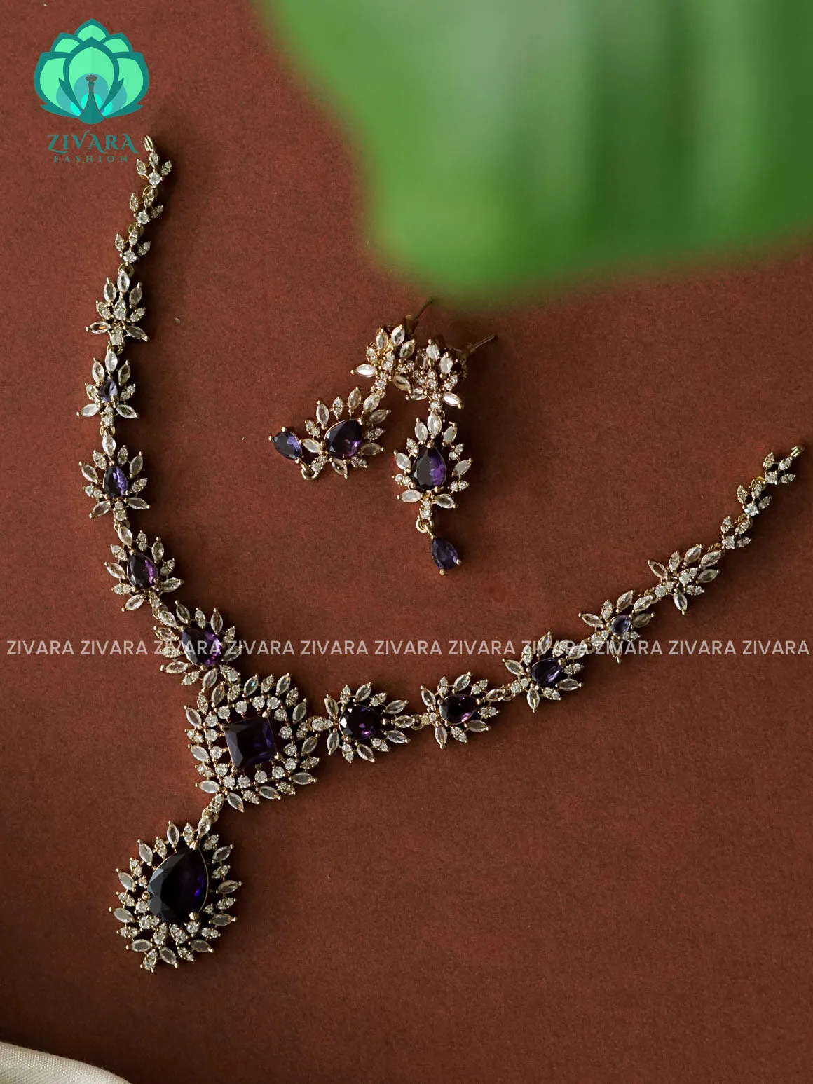 PURPLE- TEAR PENDANT- SUBTLE GOLD POLISH stylish and minimal elegant neckwear with earrings- Zivara Fashion