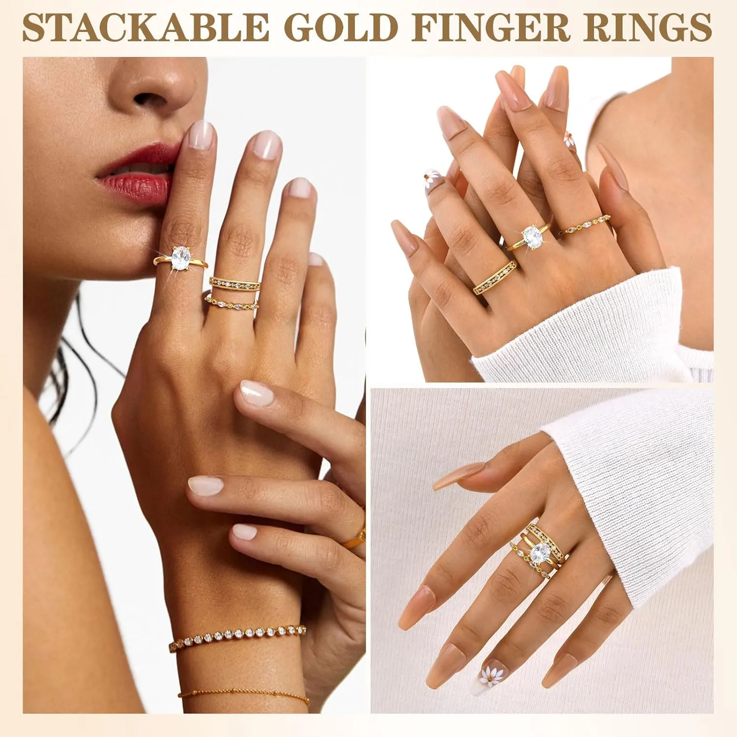 Stackable Gold Rings for Women - 14K Gold Plated Ring Set,Non Tarnish Stainless Steel Cubic Zirconia Friendship Band Anniversaries Party Trendy Jewelry Gift,Christmas Birthday Gifts for Her Girlfriend