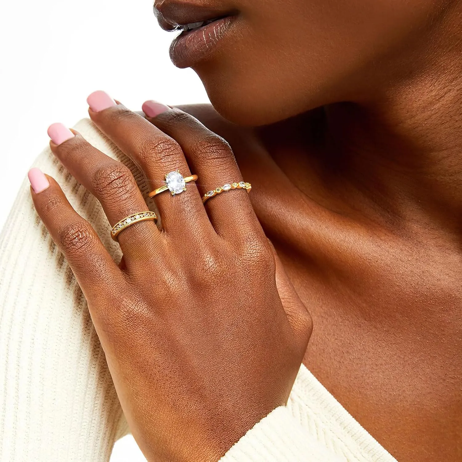 Stackable Gold Rings for Women - 14K Gold Plated Ring Set,Non Tarnish Stainless Steel Cubic Zirconia Friendship Band Anniversaries Party Trendy Jewelry Gift,Christmas Birthday Gifts for Her Girlfriend