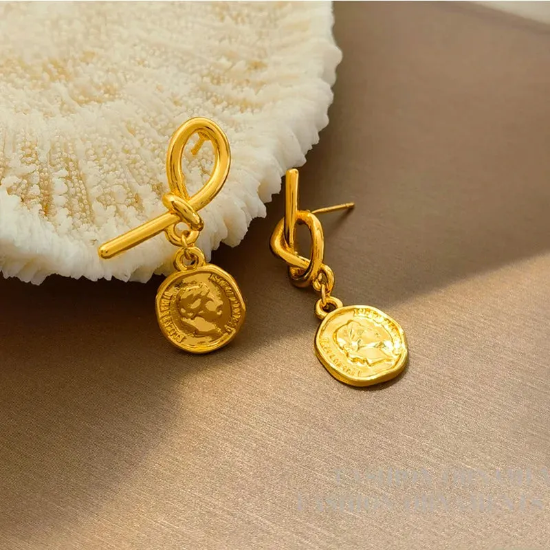 VAIGE Elegant Geometric Gold Coin Drop Earrings in Silver
