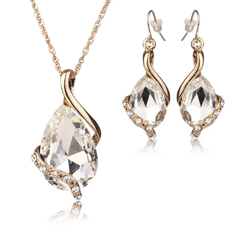 Wedding Bridal Dress Accessories Jewelry Sets For Women Water Drop Crystal Necklace Earrings Set Gold Plated Holiday Party