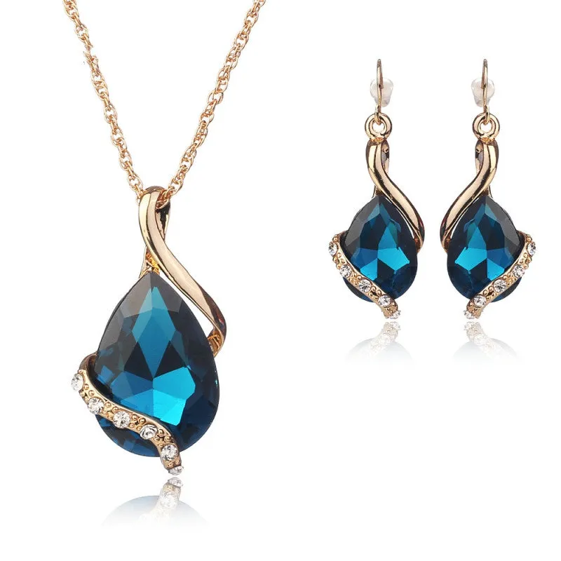 Wedding Bridal Dress Accessories Jewelry Sets For Women Water Drop Crystal Necklace Earrings Set Gold Plated Holiday Party