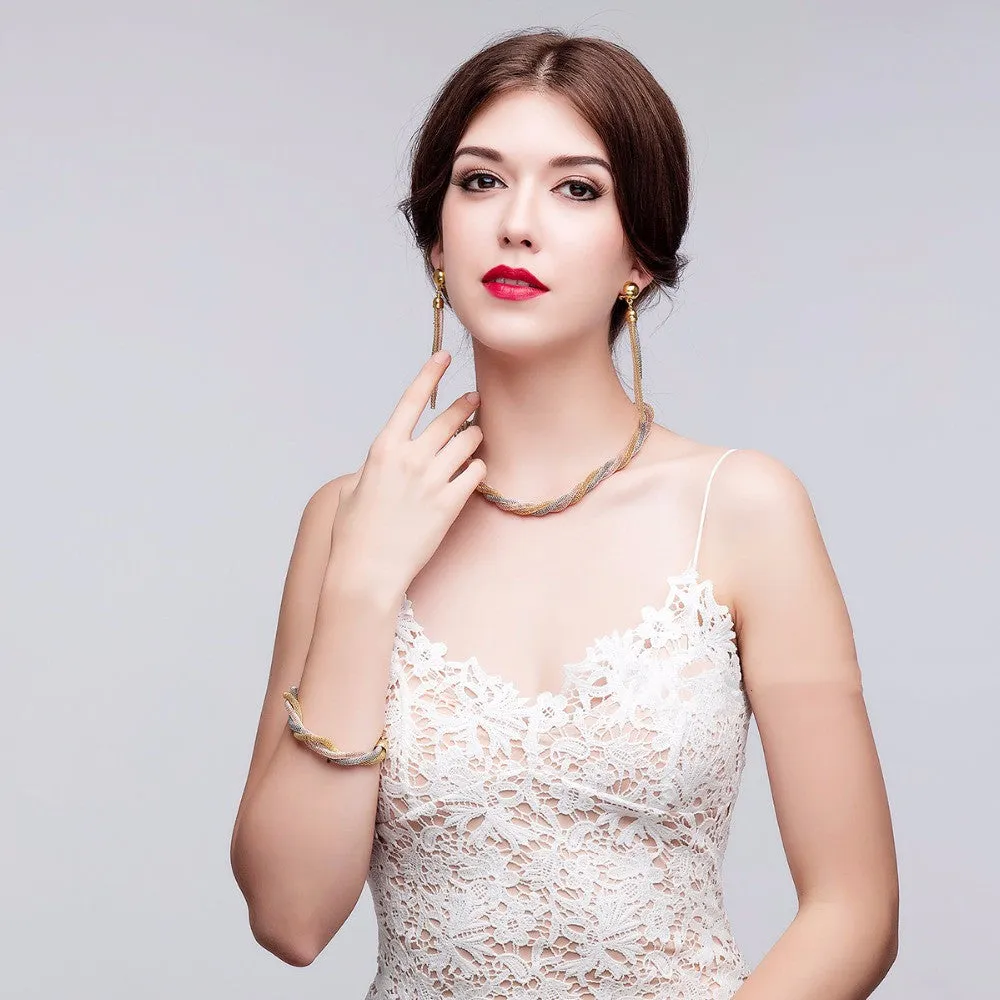 Wedding Gold Plated 3 Color Necklace Fine Jewelry Sets Party Women African Beads Bridal Ring Bracelet Earrings Accessories