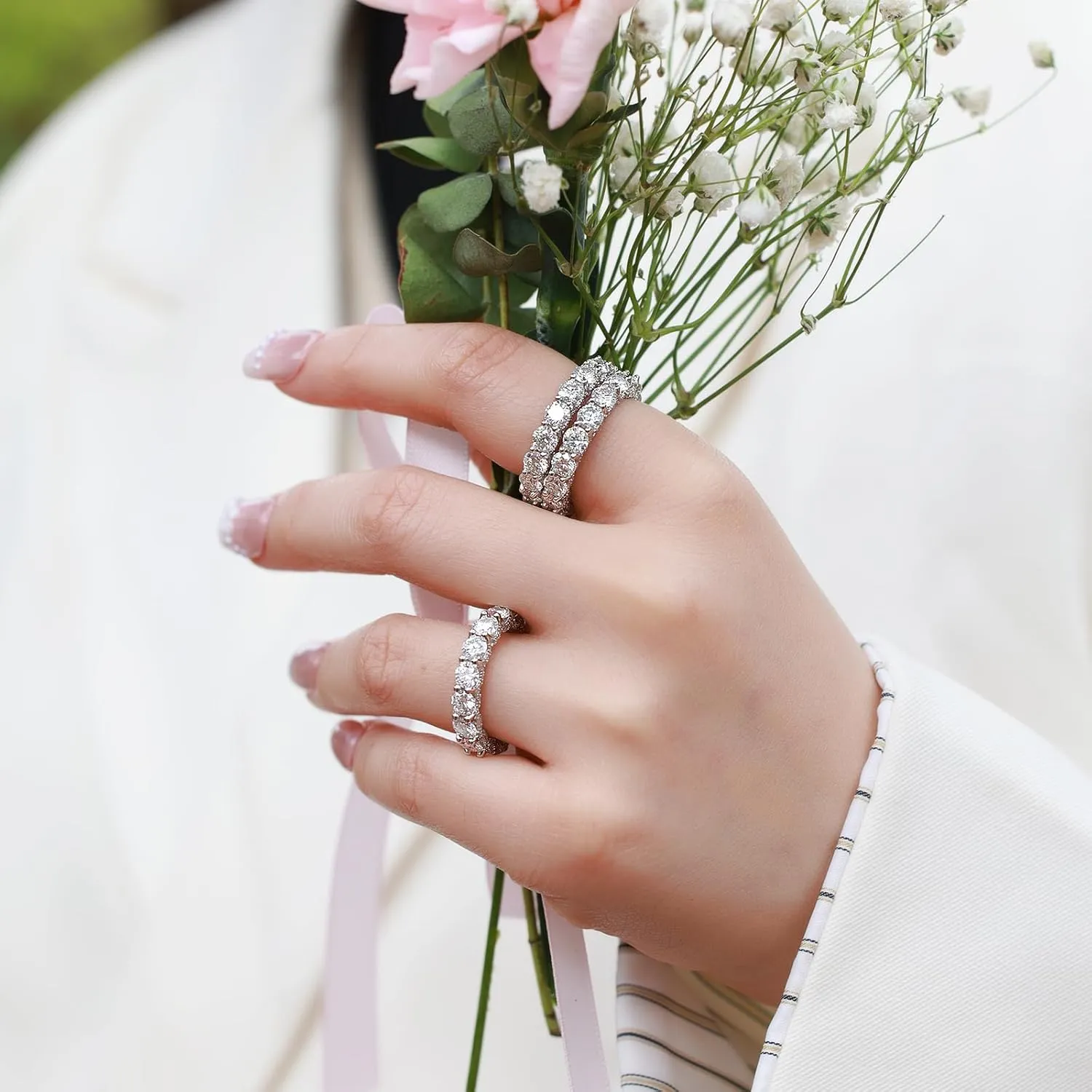 WES Wedding Band Ring for Women, 5.3cttw D Color VVS1 Lab Created Moissanite Ring,Round Cut Sterling Silver Moissanite Eternity Ring, Anniversary Engagement Stackable Rings