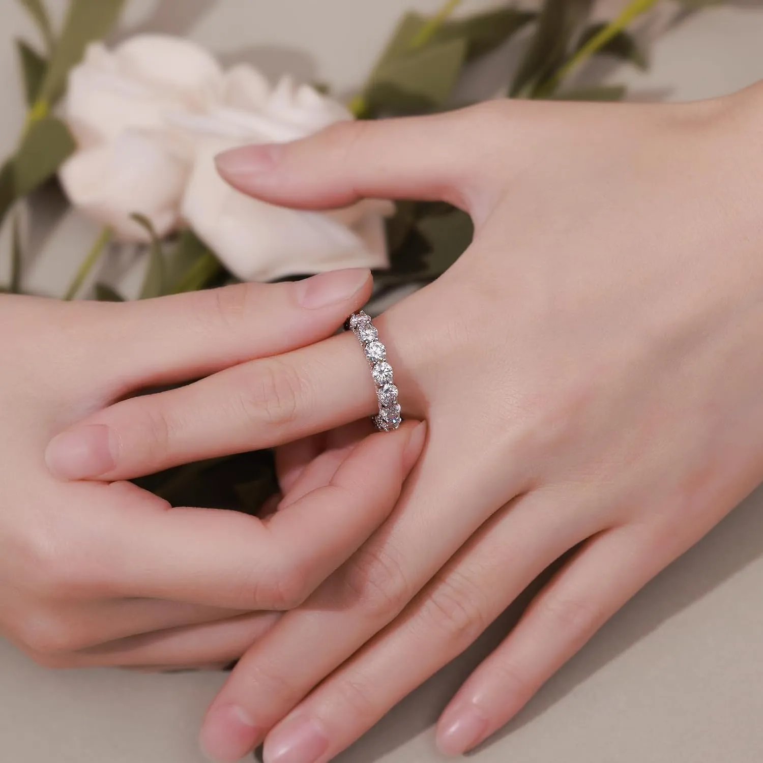 WES Wedding Band Ring for Women, 5.3cttw D Color VVS1 Lab Created Moissanite Ring,Round Cut Sterling Silver Moissanite Eternity Ring, Anniversary Engagement Stackable Rings