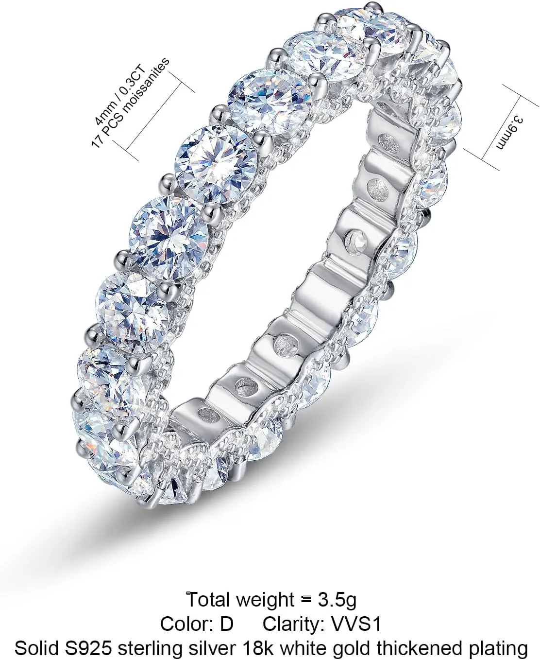 WES Wedding Band Ring for Women, 5.3cttw D Color VVS1 Lab Created Moissanite Ring,Round Cut Sterling Silver Moissanite Eternity Ring, Anniversary Engagement Stackable Rings